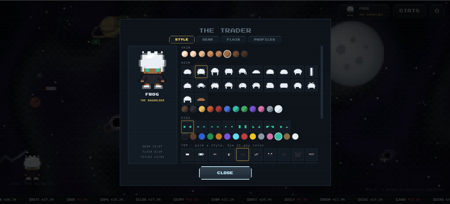 The Trader customization screen: a chibi pixel avatar with unlockable skin, hair, eye, and outfit options