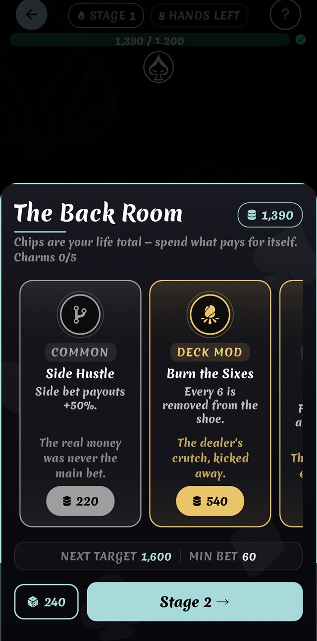 The Back Room shop between Gauntlet stages, selling charms and deck mods like Side Hustle and Burn the Sixes