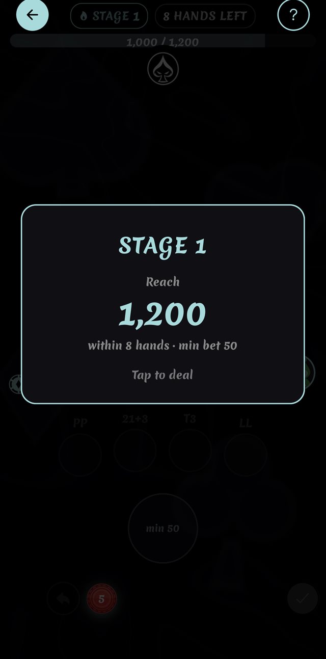 A Gauntlet stage intro: reach 1,200 chips within 8 hands at a minimum bet of 50