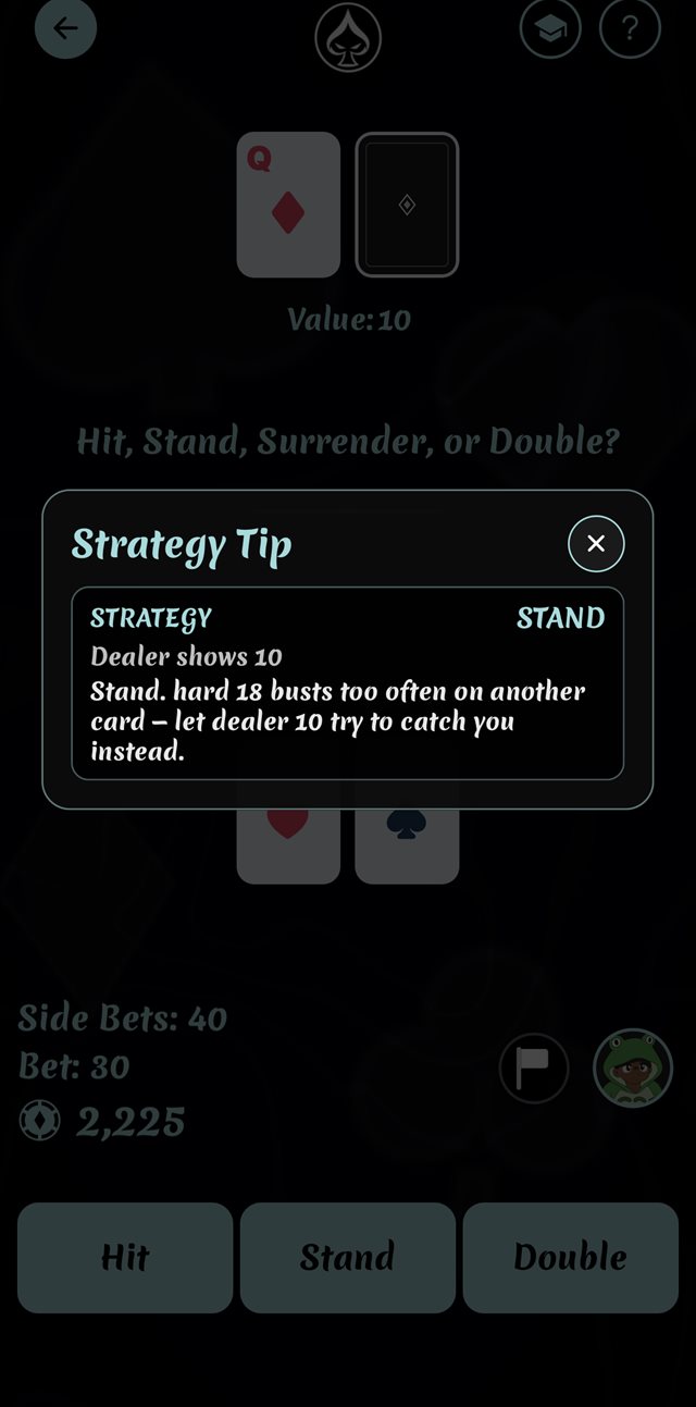 A Strategy Tip overlay explaining why standing is the correct play against a dealer 10