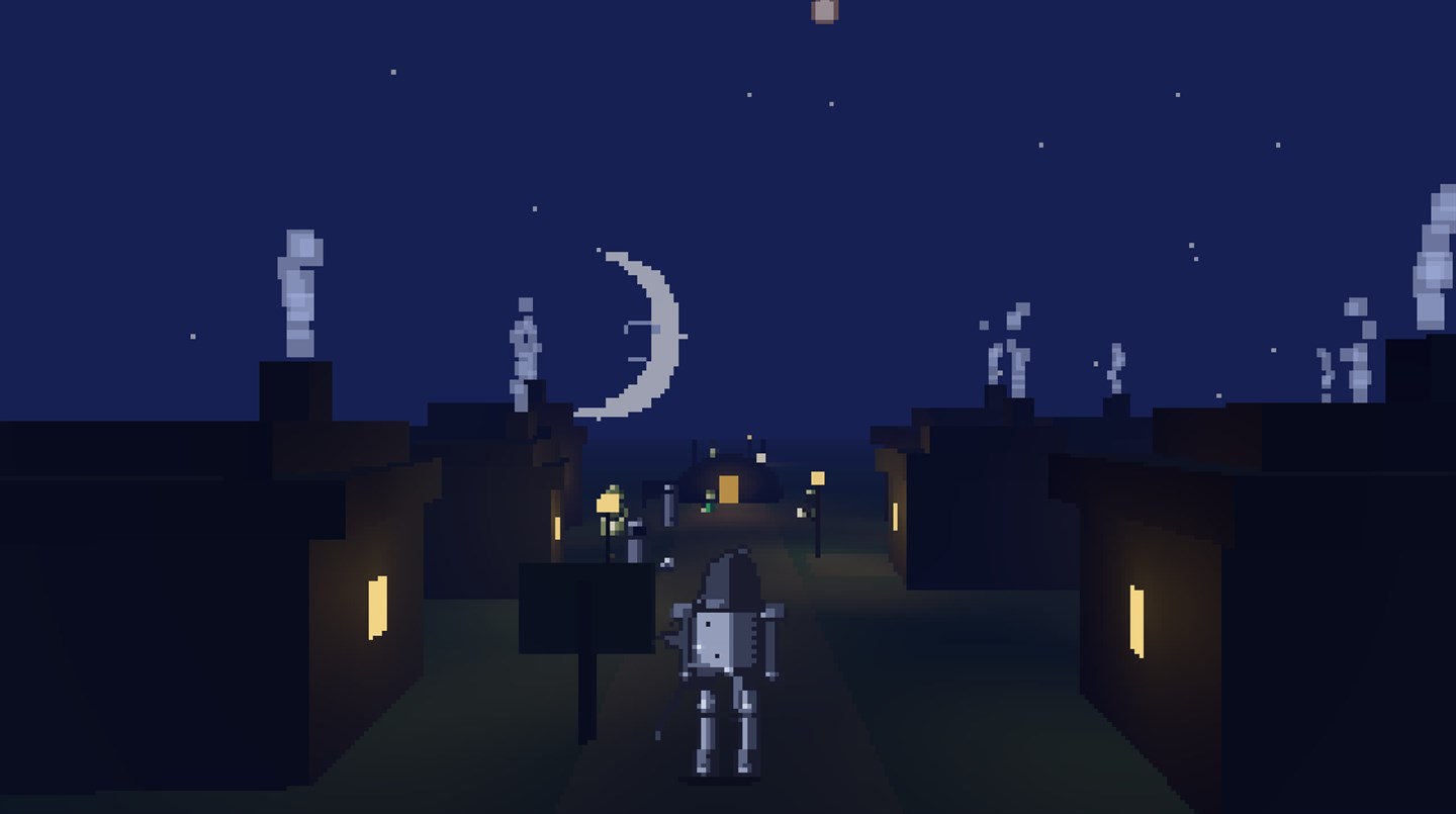 A small pixel-art robot walks up a moonlit village street at night, past houses with warm glowing windows and chimney smoke