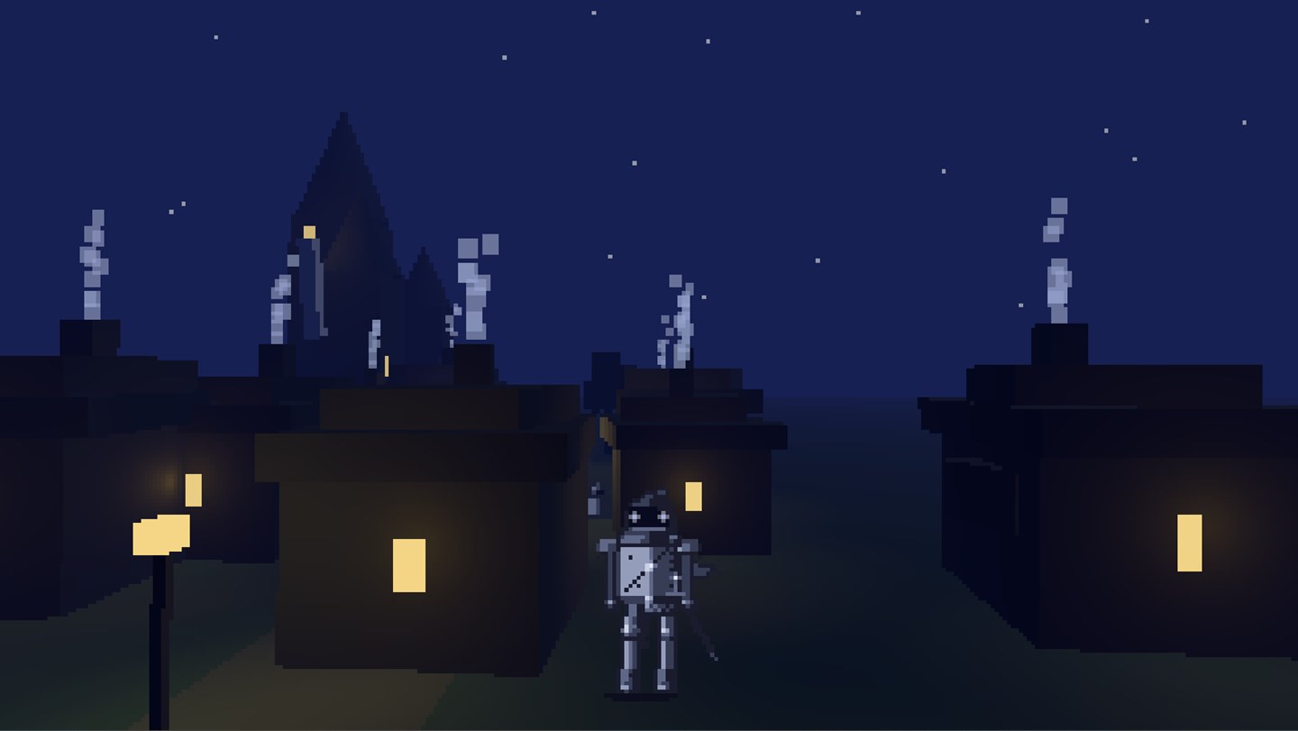 The small robot stands in a village square at night beneath a starry sky, lit by a street lamp